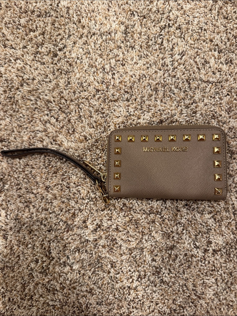 Michael Kors Taupe Leather Wristlet with Gold Studs